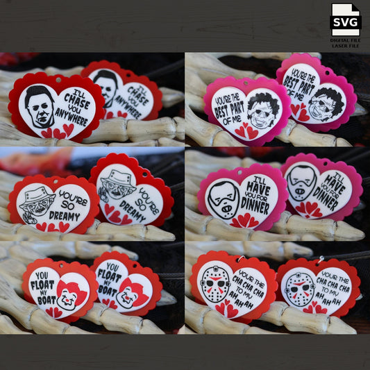 Heart-shaped horror Valentine dangle earring designs shown as finished earrings. SVG digital download preview.