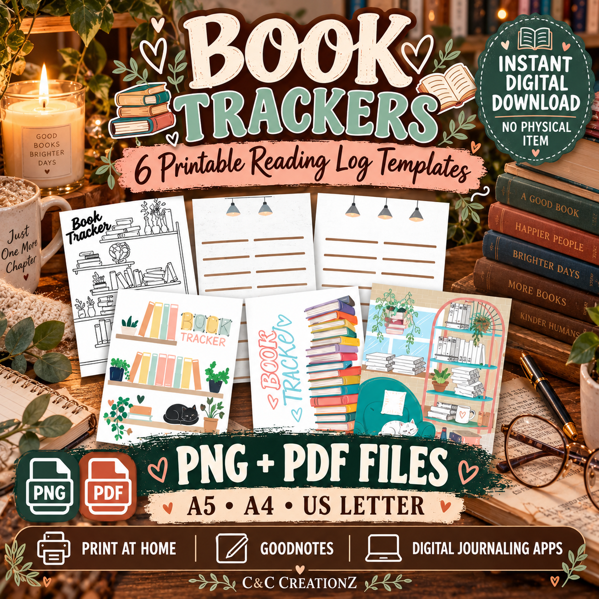 Book tracker printable reading log templates PNG PDF A5 A4 US Letter for Goodnotes and digital journaling