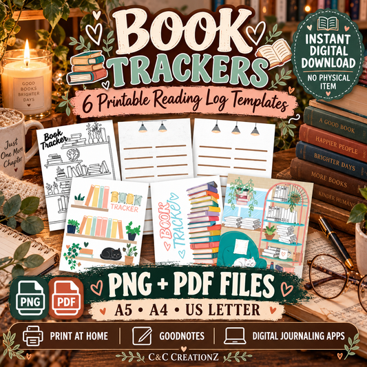 Book tracker printable reading log templates PNG PDF A5 A4 US Letter for Goodnotes and digital journaling