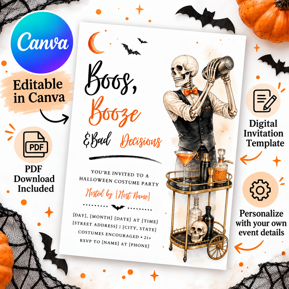 Boos, Booze & Bad Decisions editable Halloween costume party invitation template in Canva with PDF download details