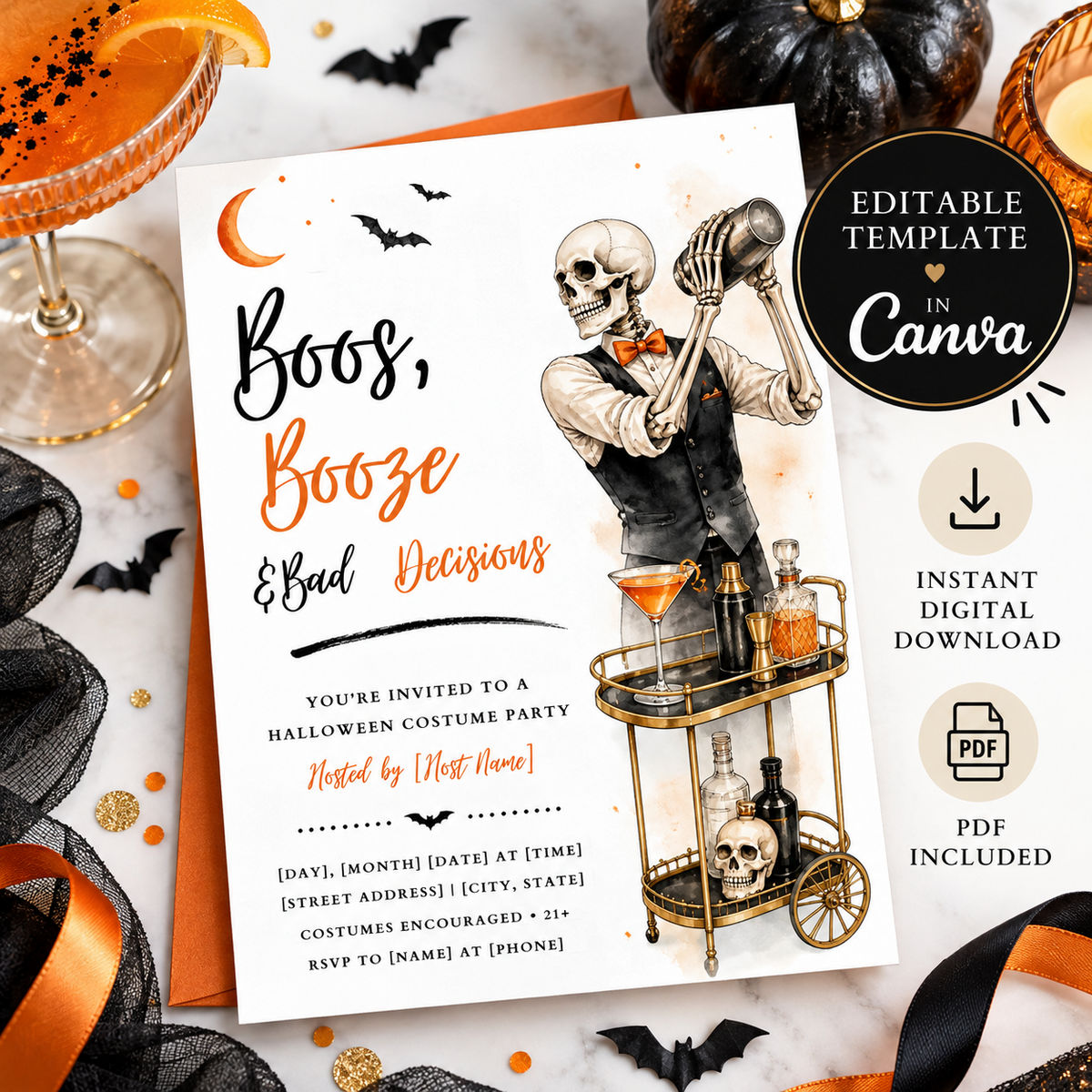 Boos, Booze & Bad Decisions Halloween invitation template with editable Canva and instant digital download information