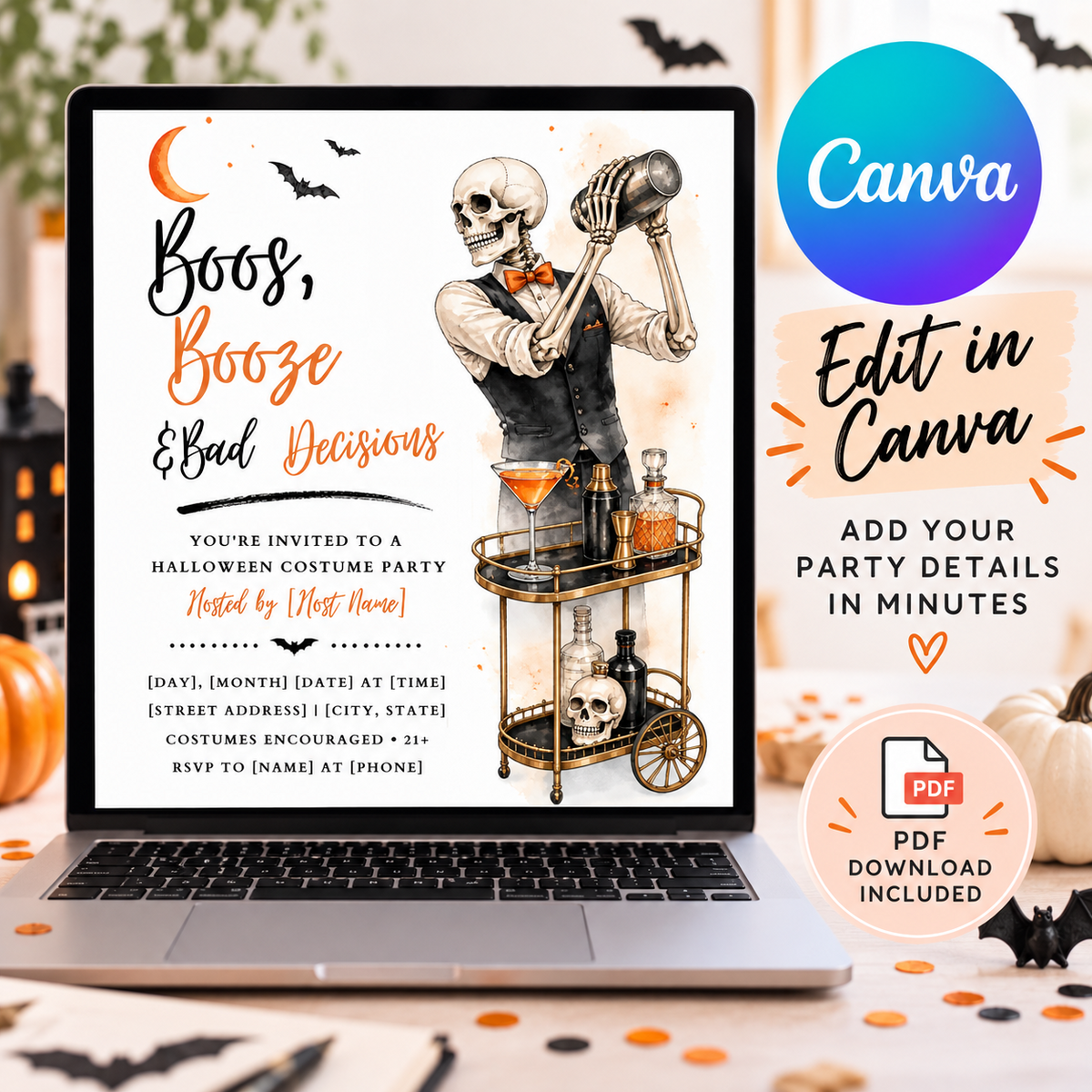 Editable Boos, Booze & Bad Decisions Halloween party invitation shown on laptop with Canva and PDF download details