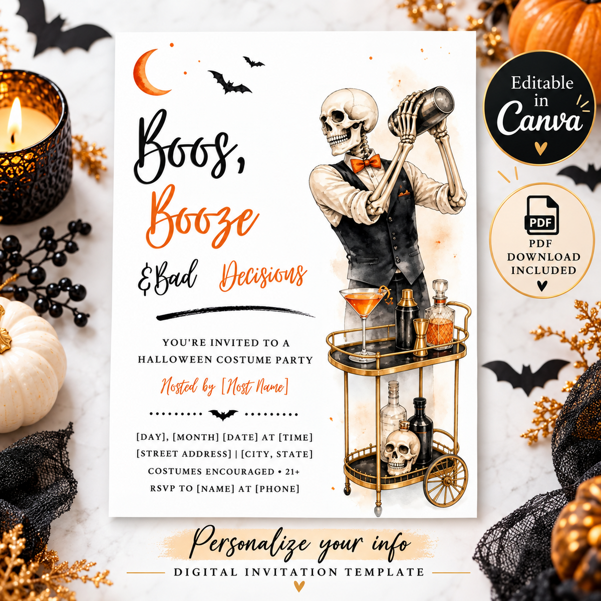 Boos, Booze & Bad Decisions Halloween costume party invitation template with editable Canva and PDF download information