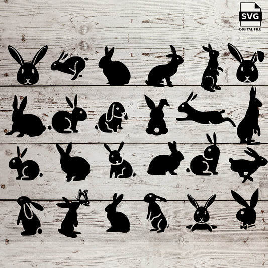 Bunny SVG bundle with rabbit silhouettes and decorative bunny faces on whitewashed wood, labeled SVG digital file.