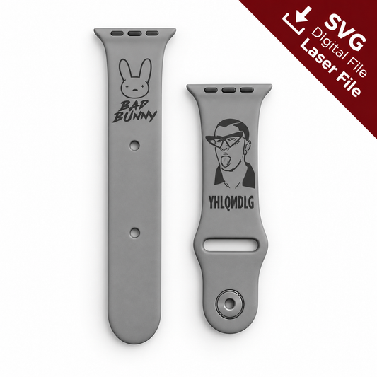 Bunny watch band SVG laser engraving file shown as a finished engraved gray silicone watch band mockup