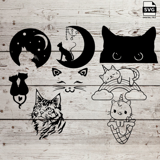 Cat SVG bundle with moon silhouettes, cat faces and a unicorn cat ice cream design on whitewashed wood, labeled SVG digital file.