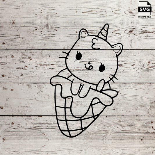 Unicorn cat peeking out of an ice cream cone SVG design on whitewashed wood, labeled SVG digital file.