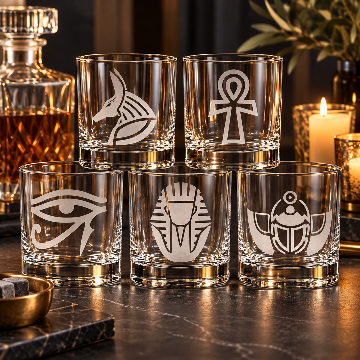 Egyptian Symbol Etched Glass Set — Glassware photo 5