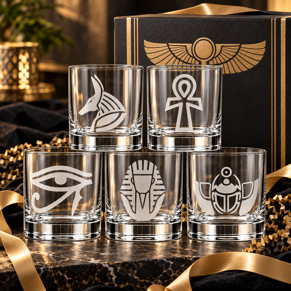 Egyptian Symbol Etched Glass Set — Glassware photo 4