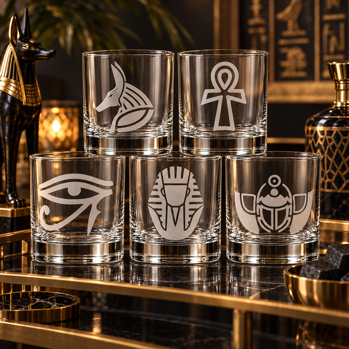 Egyptian Symbol Etched Glass Set — Glassware photo 3
