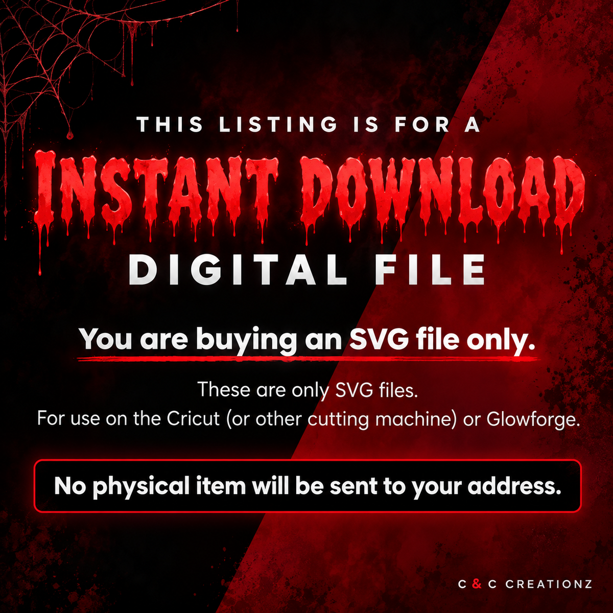 C&C Creationz instant download SVG digital file notice graphic with gothic red and black design