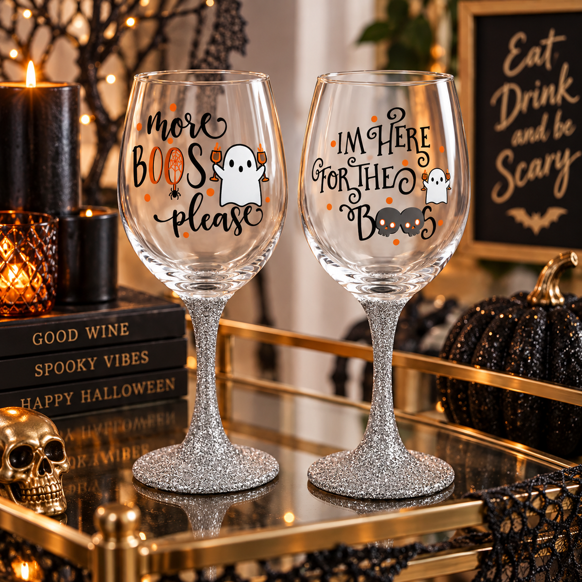 Halloween Glitter Wine Glasses / Booze / Boo's — Glassware photo 4