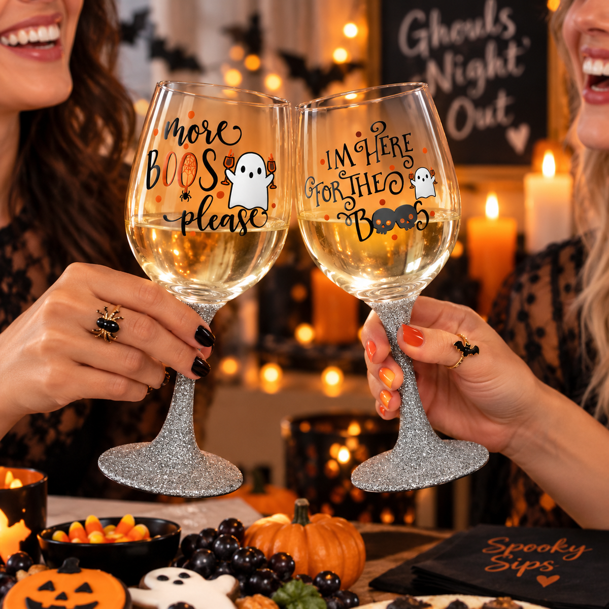 Halloween Glitter Wine Glasses / Booze / Boo's — Glassware photo 2