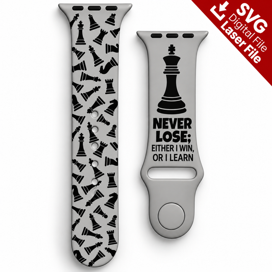 Chess watch band SVG laser engraving file shown as a finished engraved gray silicone watch band mockup