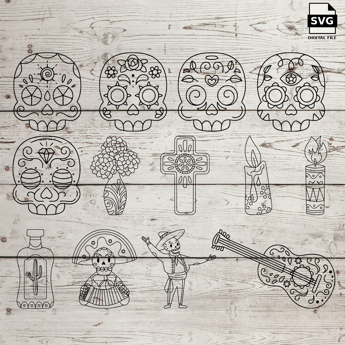Sugar skulls, candles, flowers, drinks and musical illustrations. SVG digital download preview.