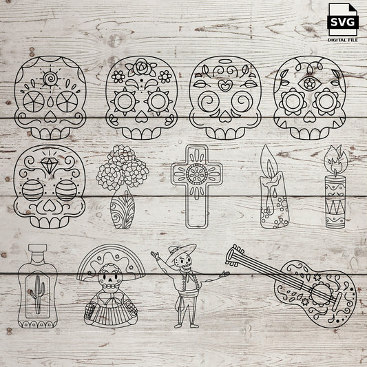 Sugar skulls, candles, flowers, drinks and musical illustrations. SVG digital download preview.