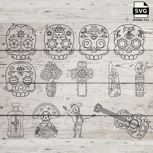 Sugar skulls, candles, flowers, drinks and musical illustrations. SVG digital download preview.