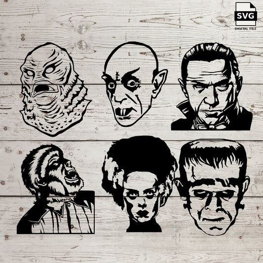 Six classic monster portraits. SVG digital download preview.