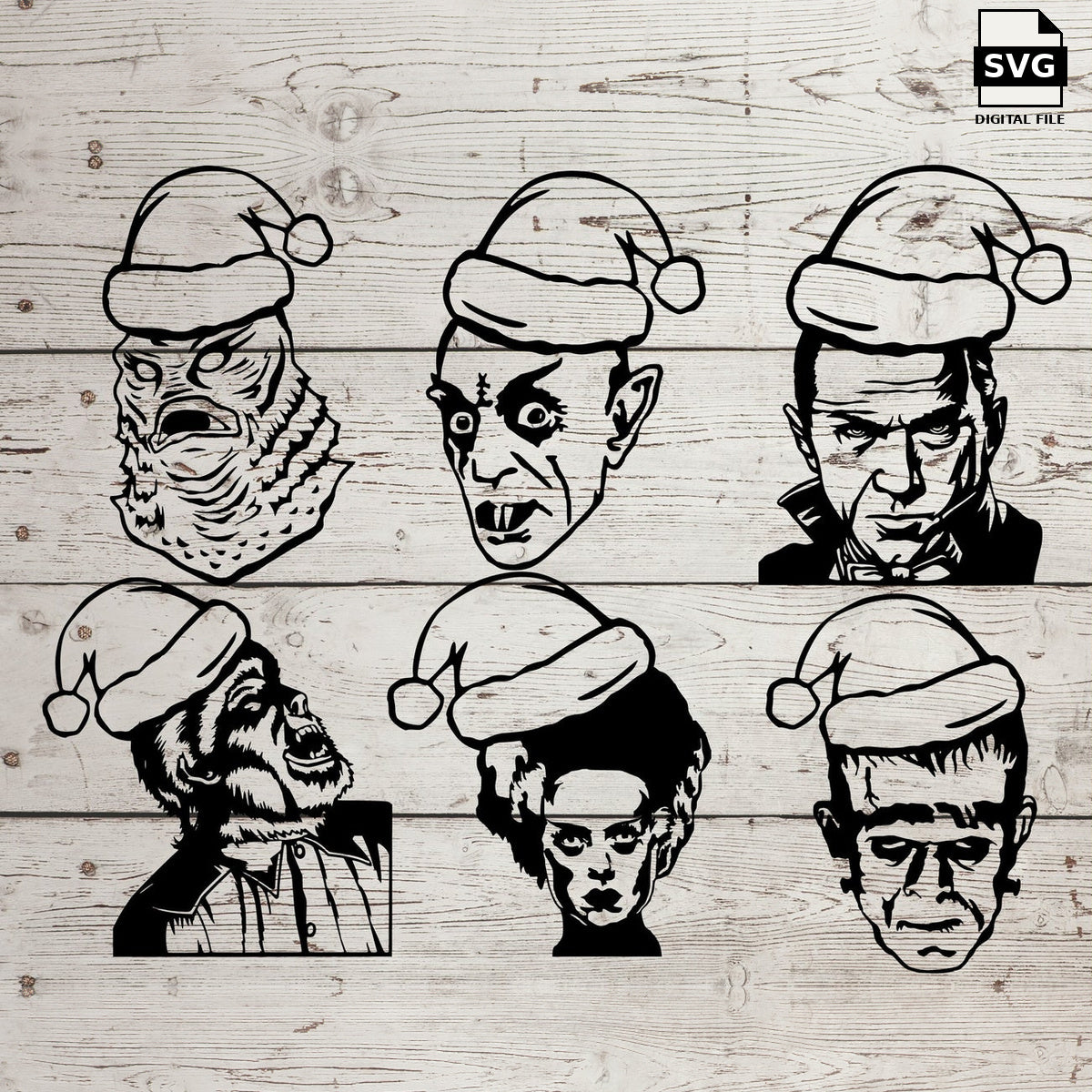Six classic horror character portraits wearing Santa hats. SVG digital download preview.