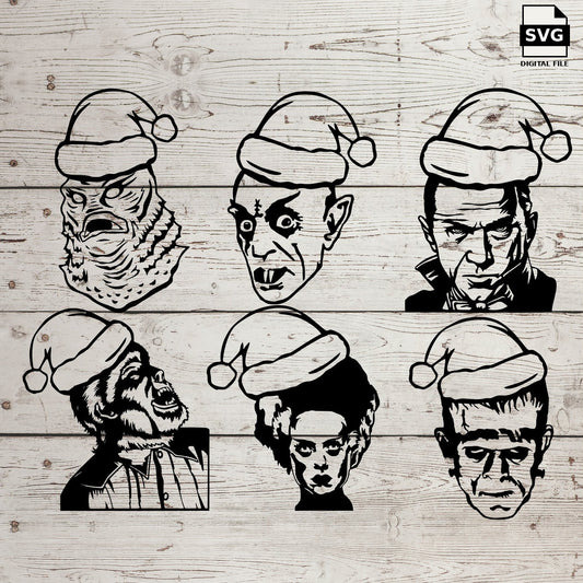 Six classic horror character portraits wearing Santa hats. SVG digital download preview.