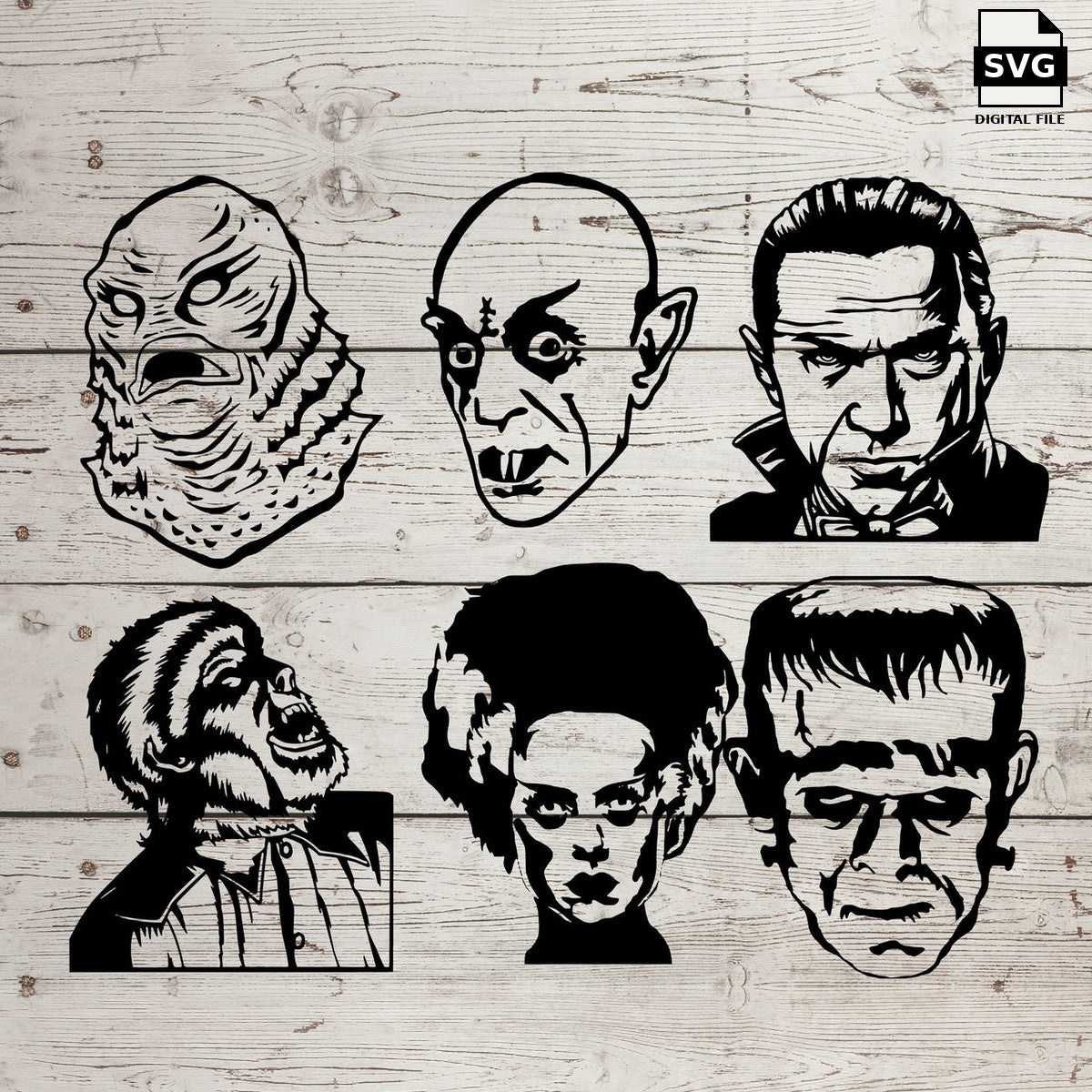 Classic monster portraits including Dracula, Nosferatu and Frankenstein. SVG digital download preview.