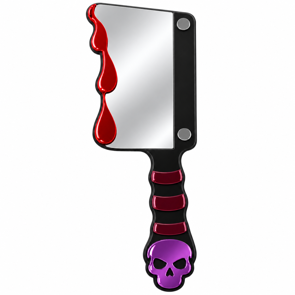 A novelty cleaver-shaped mirror with a black handle, red faux-blood dripping effect on the blade, and a purple skull accent at the end of the handle, shown on a plain white background.