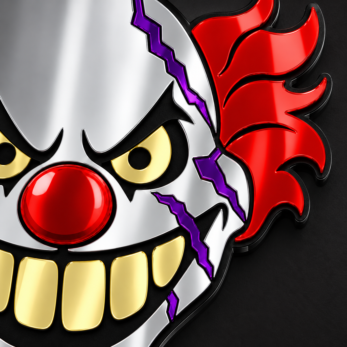 A close-up of a glossy, metallic clown face emblem or badge on a black background. The design features a silver and white face with a bright red nose, yellow eyes and teeth, purple crackle details, and a red hair crest on the side.