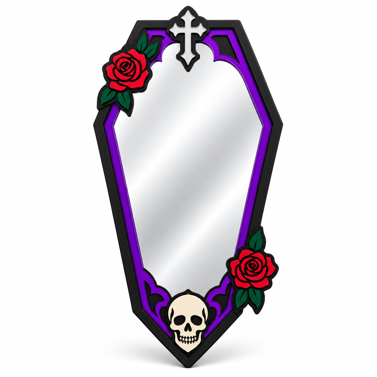 A coffin-shaped decorative mirror with a black frame, purple accents, red roses with green leaves, and a skull at the bottom, shown on a plain white background.