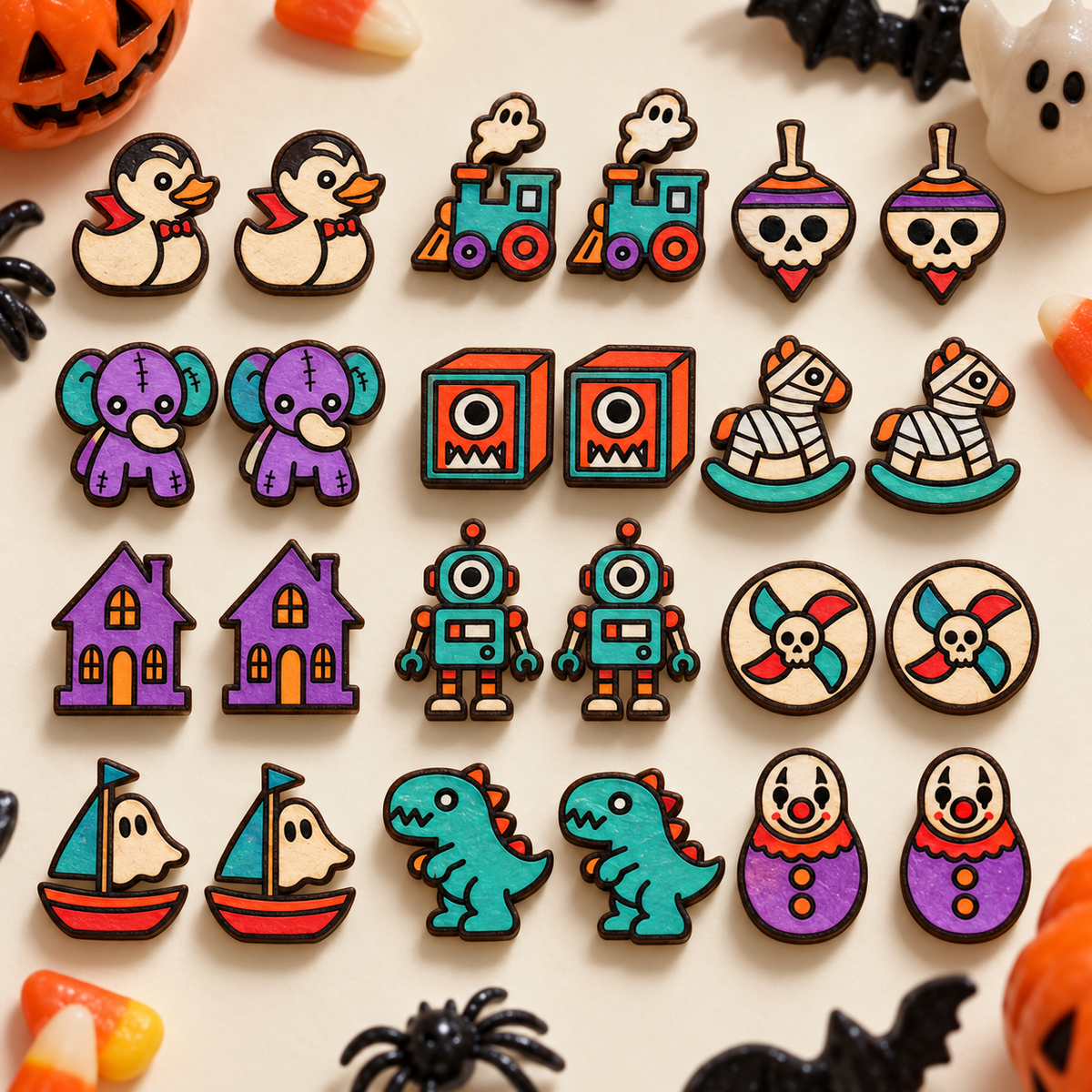 Colorful Cursed Toybox horror stud earrings arranged in a Halloween flat lay