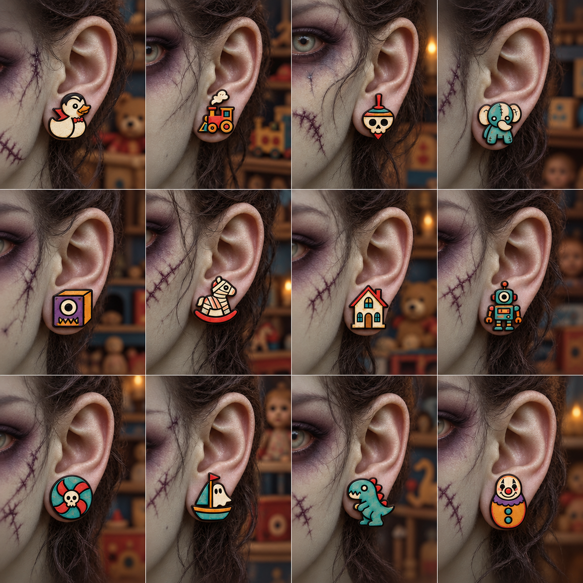 Lifestyle grid showing twelve Cursed Toybox horror stud earring designs worn on zombie-inspired models