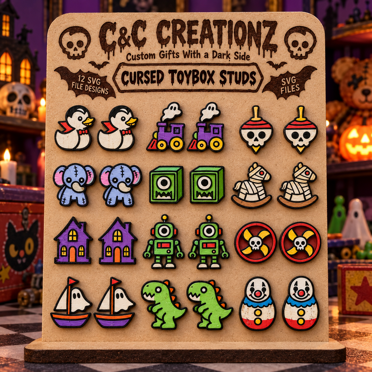 C&C Creationz Cursed Toybox Studs SVG bundle cover showing twelve horror toy inspired laser cut earring designs