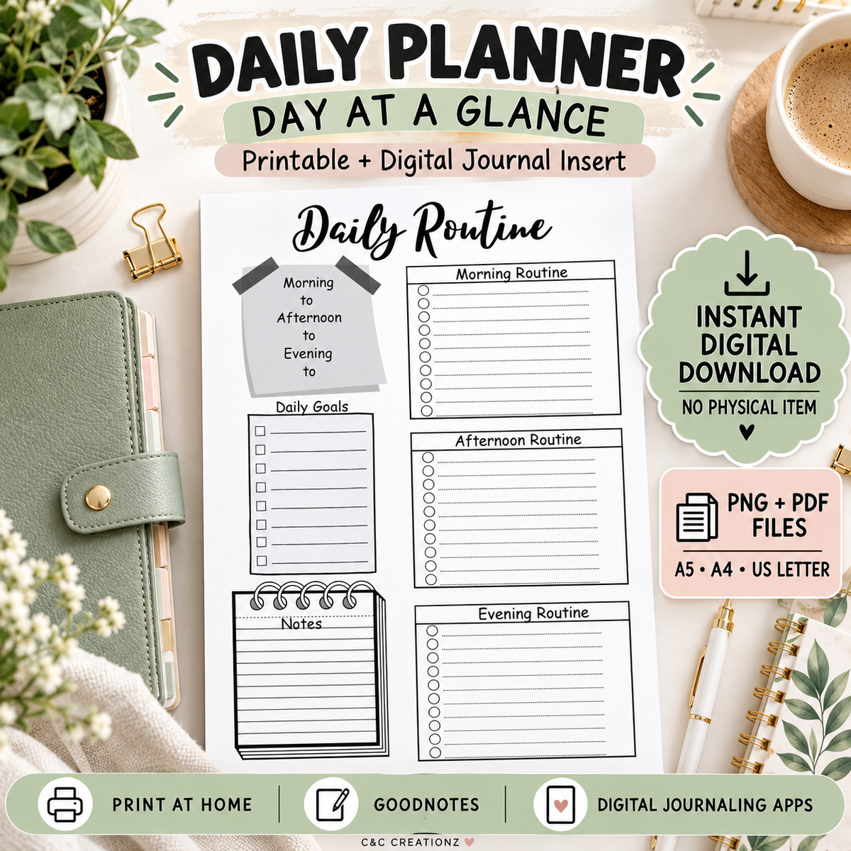 Daily Planner Day at a Glance printable and digital journal insert PNG PDF A5 A4 US Letter for Goodnotes and digital journaling