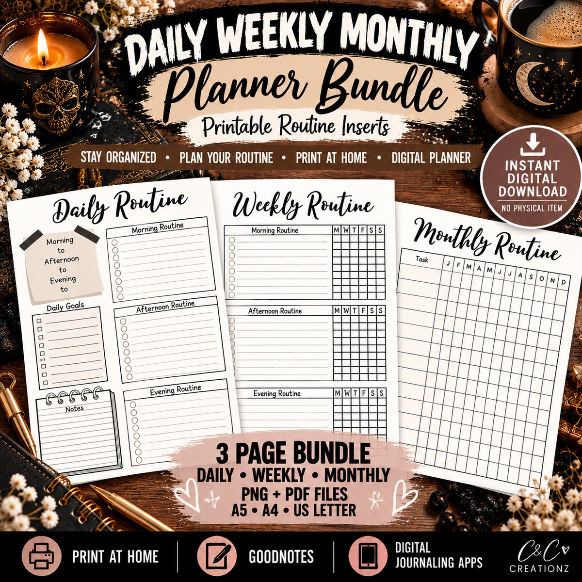 Daily Weekly Monthly Planner Bundle printable routine inserts digital download PNG PDF A5 A4 US Letter for Goodnotes and digital journaling