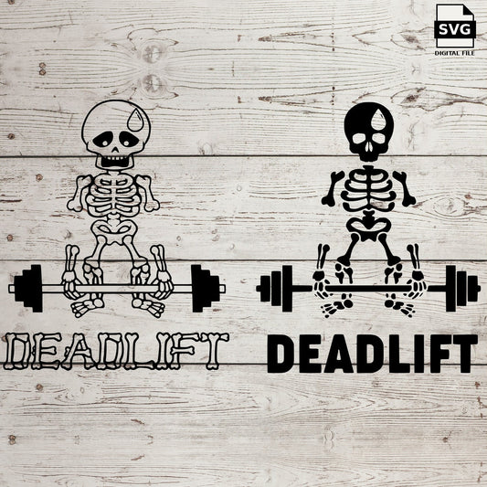 Two skeletons lifting barbells above Deadlift lettering. SVG digital download preview.