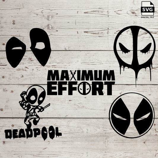 Deadpool masks, character and Maximum Effort lettering. SVG digital download preview.
