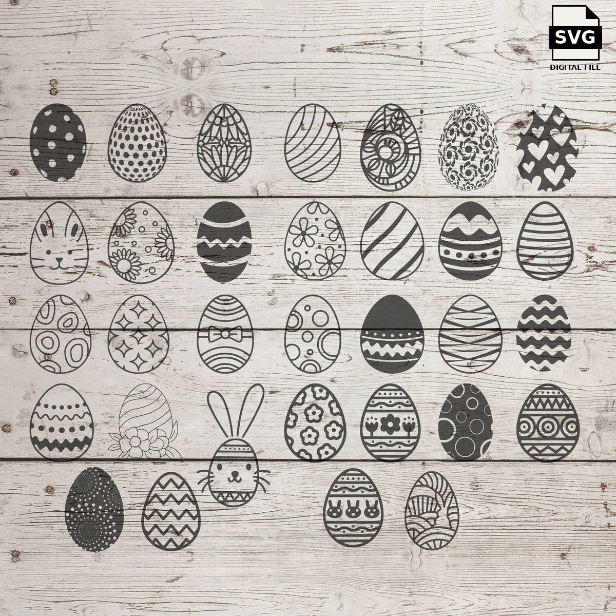 Decorative Easter egg designs with varied patterns on a wood background. SVG digital download preview.