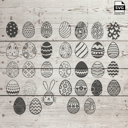 Decorative Easter egg designs with varied patterns on a wood background. SVG digital download preview.