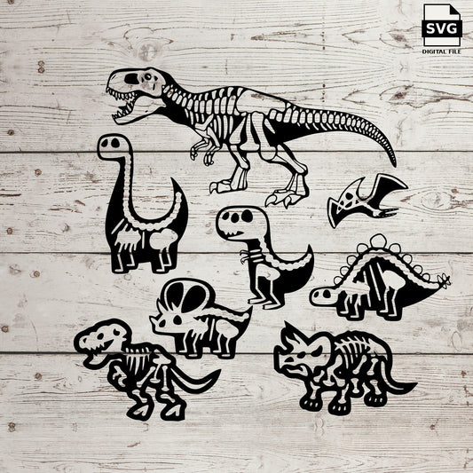 Dinosaur skeleton designs arranged in a bundle. SVG digital download preview.