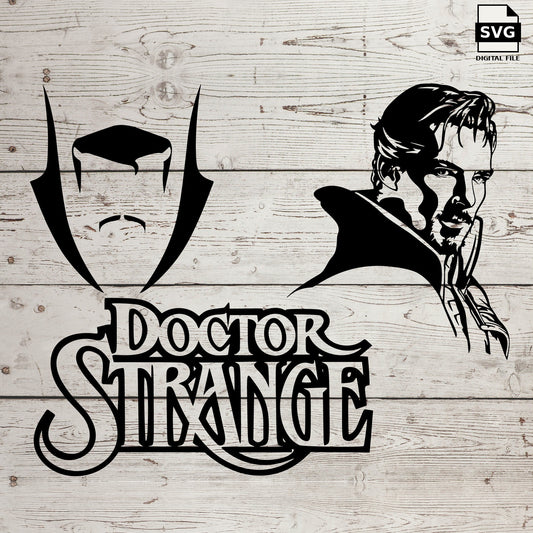 Doctor Strange portrait, stylized face and lettering. SVG digital download preview.