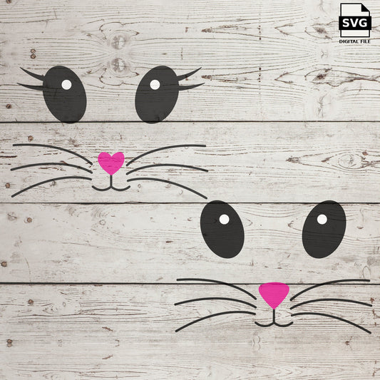 Bunny eyes, noses and whiskers with pink heart details. SVG digital download preview.