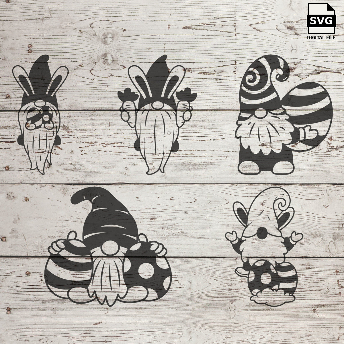 Easter gnomes with bunny ears, eggs and flowers on a wood background. SVG digital download preview.