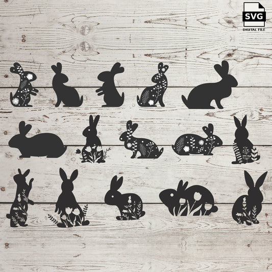 Rabbit silhouettes with flowers and Easter patterns on a wood background. SVG digital download preview.