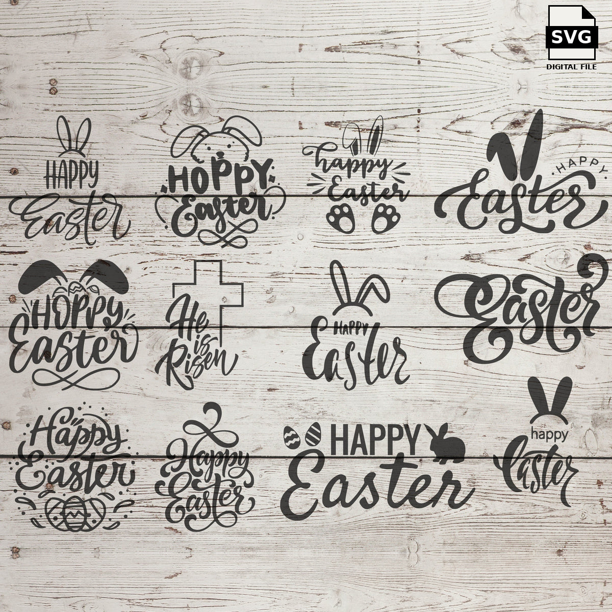 Easter sayings with bunny ears, crosses, eggs and decorative lettering on a wood background. SVG digital download preview.