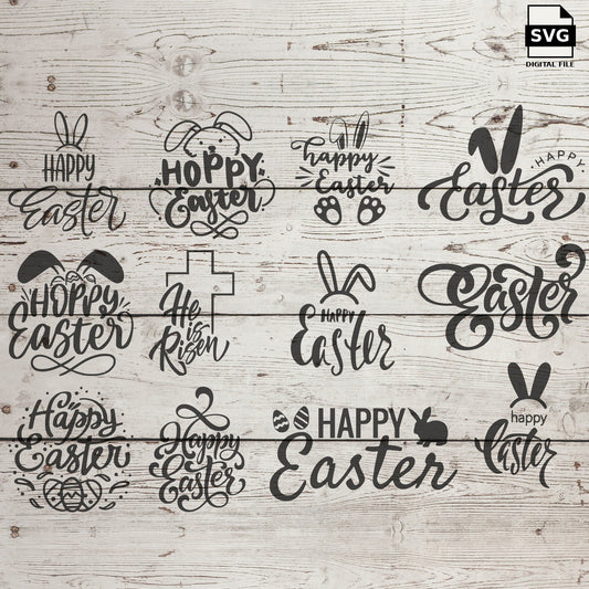 Easter sayings with bunny ears, crosses, eggs and decorative lettering on a wood background. SVG digital download preview.