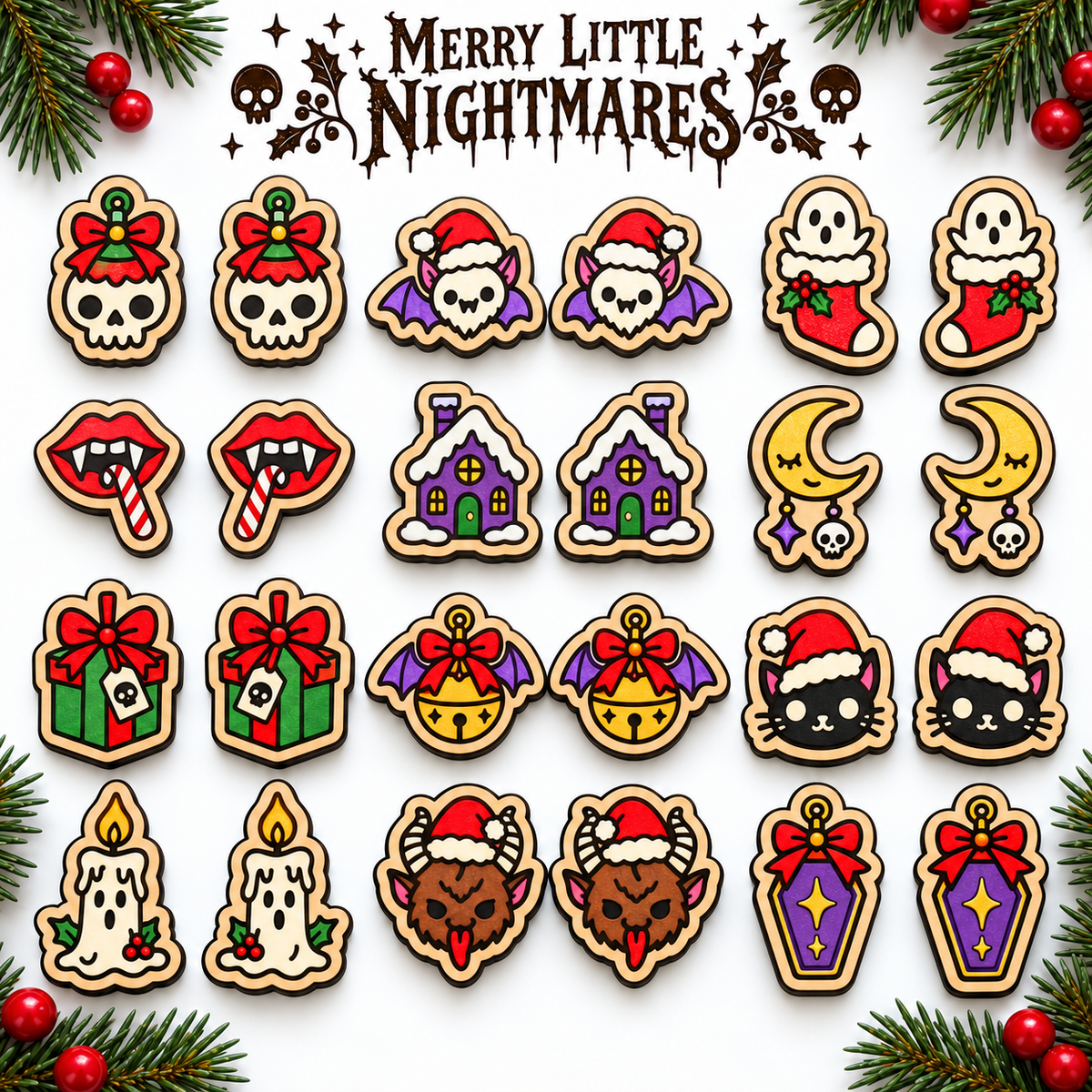 Painted horror Christmas stud earring mockups in twelve matching pairs