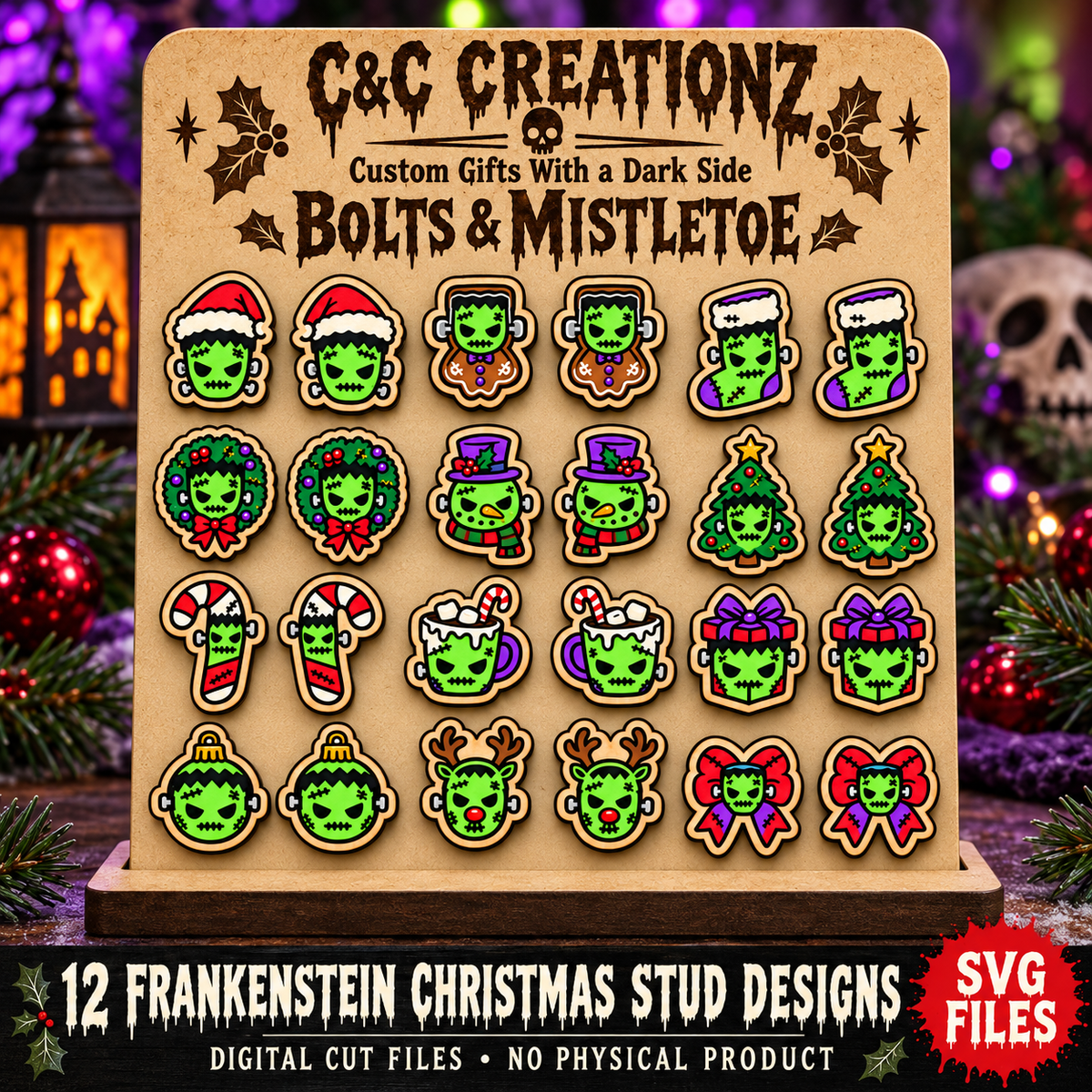 Bolts & Mistletoe 12 Frankenstein Christmas stud earring SVG designs by C&C Creationz