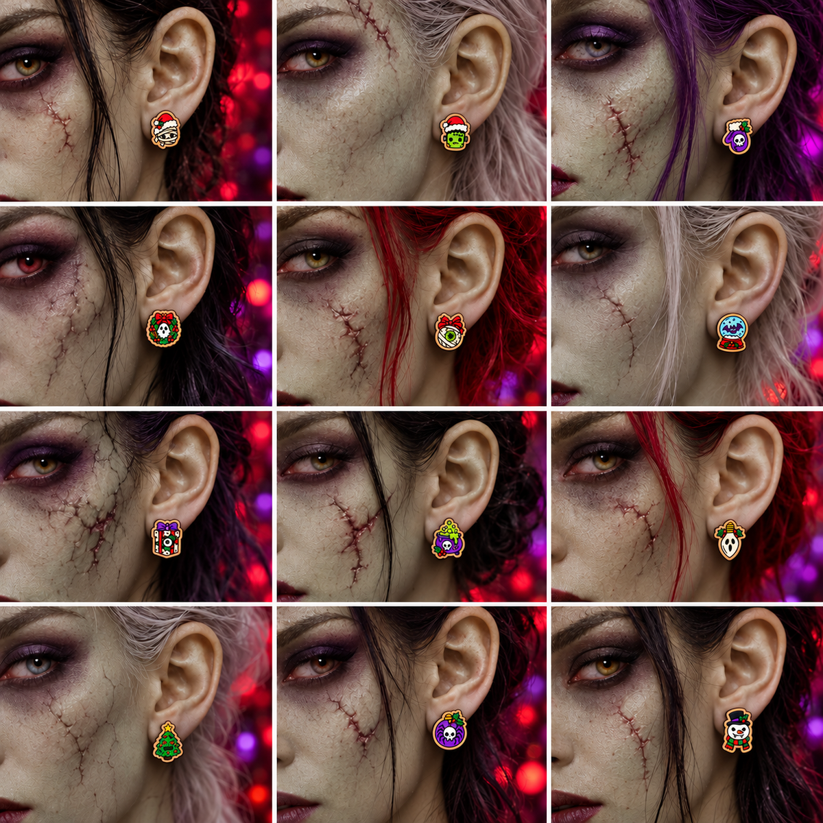 Twelve Holly Jolly Haunts stud designs modeled on zombie ears
