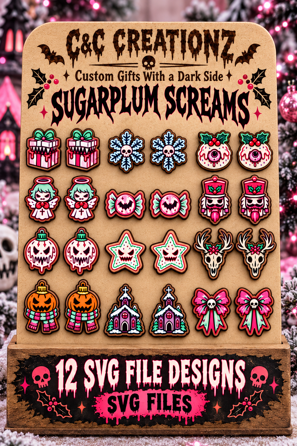 Sugarplum Screams 12 kawaii horror Christmas stud SVG designs on C&C Creationz display