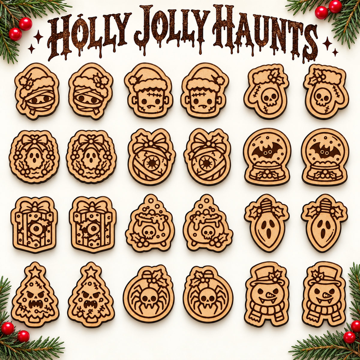 Natural MDF spooky Christmas stud earring engraving mockups