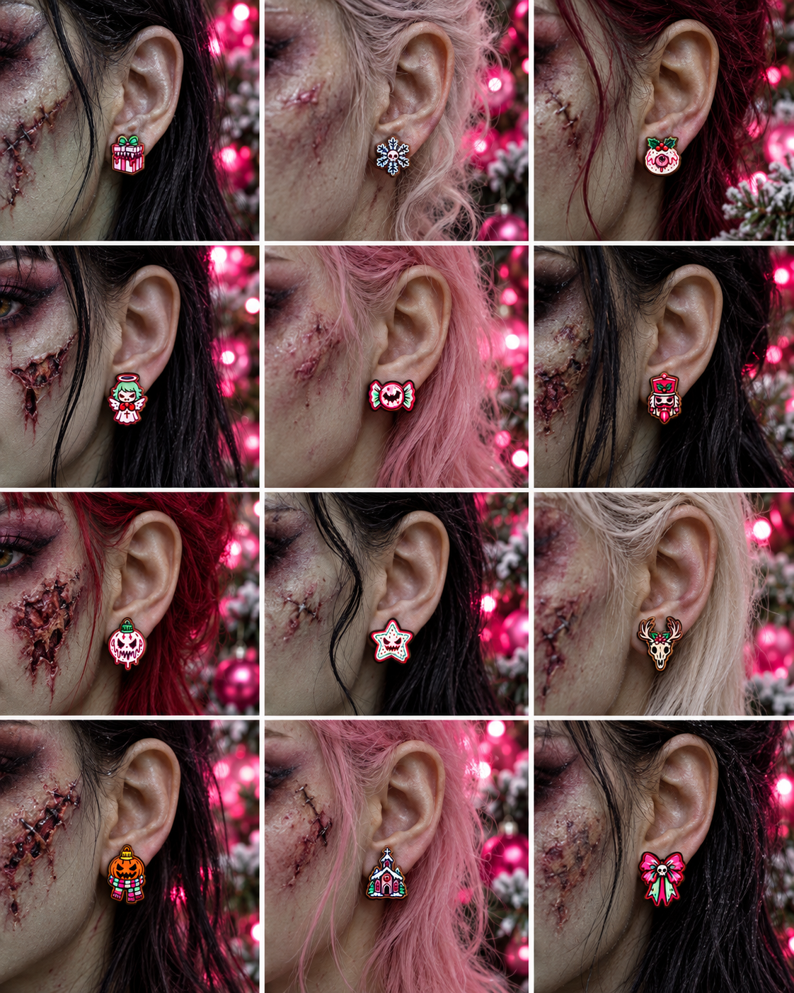 Twelve zombie ear close-ups wearing Sugarplum Screams stud designs